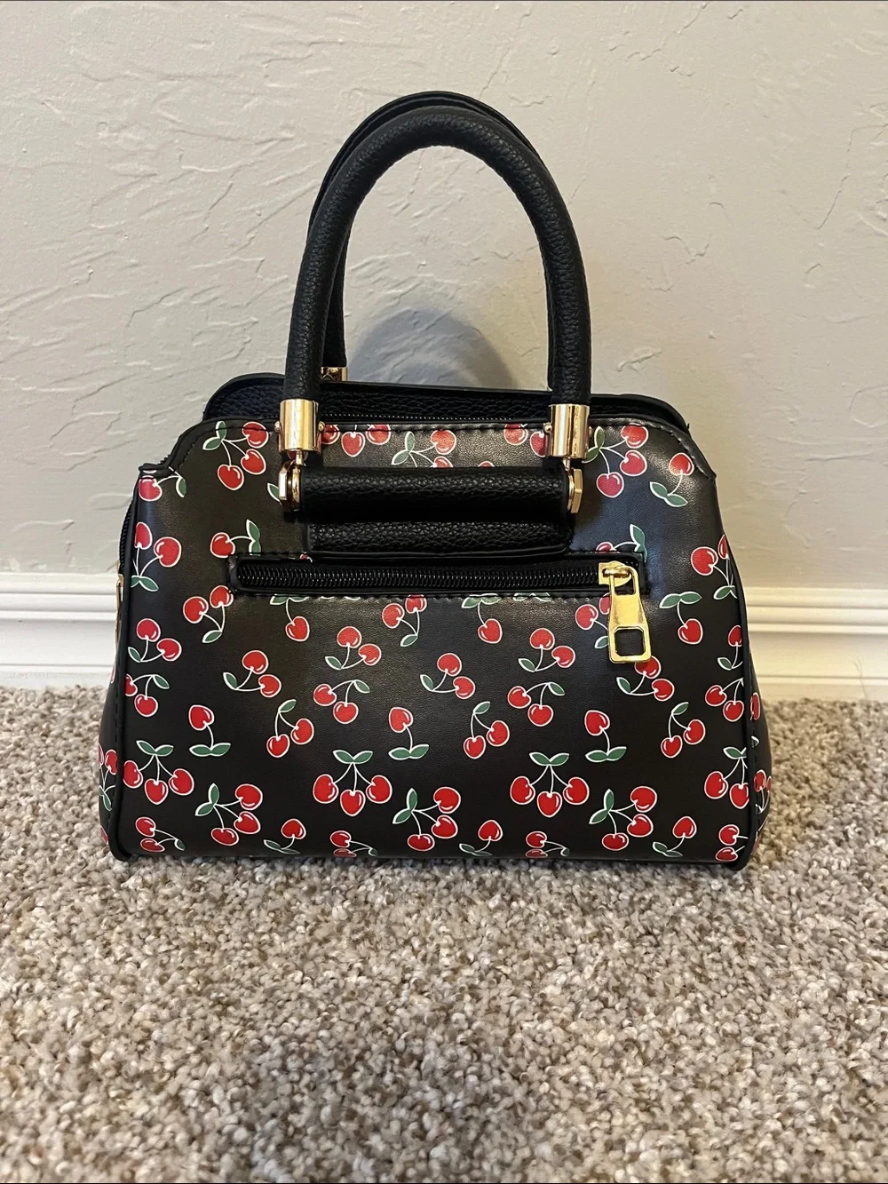 Black Cherry Print Satchel Handbag